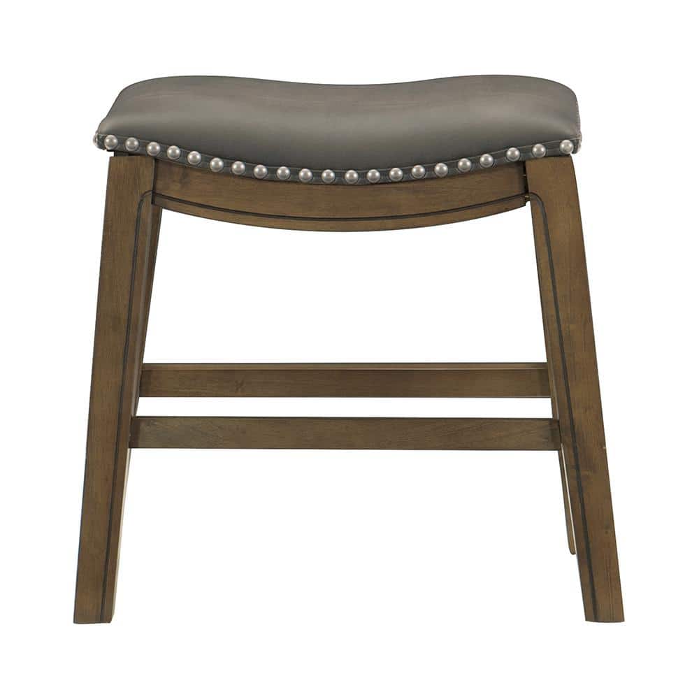 Modern Gray Leather Saddle Counter Stool with Nailhead Trim