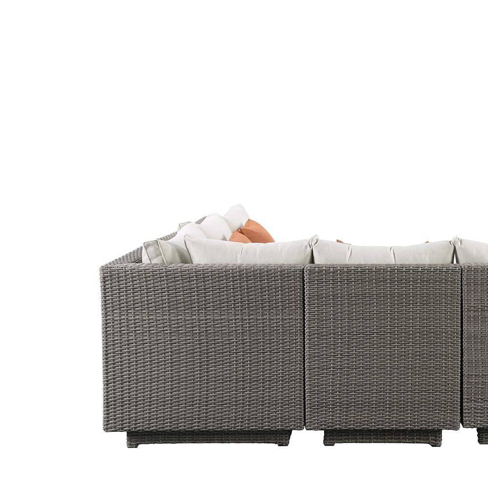 Salena Beige Fabric and Gray Wicker Patio Sectional with Cocktail Table