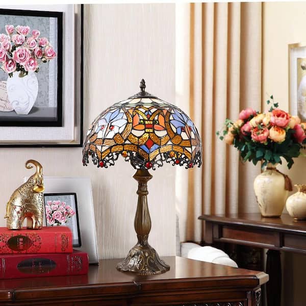 Decorative 18.1 in. Multi-Colored Tiffany-Style Table Lamp Bronze Finish Baroque Glass Bedside Lamp