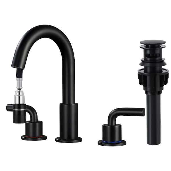 AKLFGN 8 in. Widespread Double Handle Bathroom Faucet with Drain Kit Pull Out Sprayer Bathroom Sink Faucet in Black