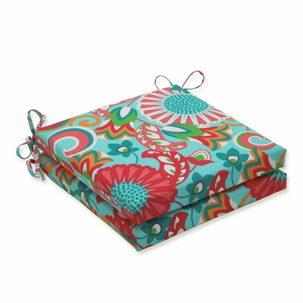 20" x 20" Turquoise and Coral Floral Outdoor Seat Cushions