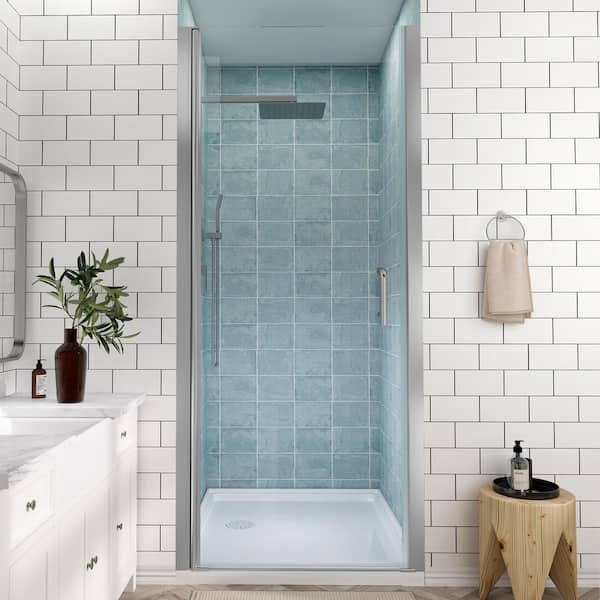 30 to 31-1/4 in. H Pivot Swing Frameless Shower Door in Brushed Nickel with Clear Glass