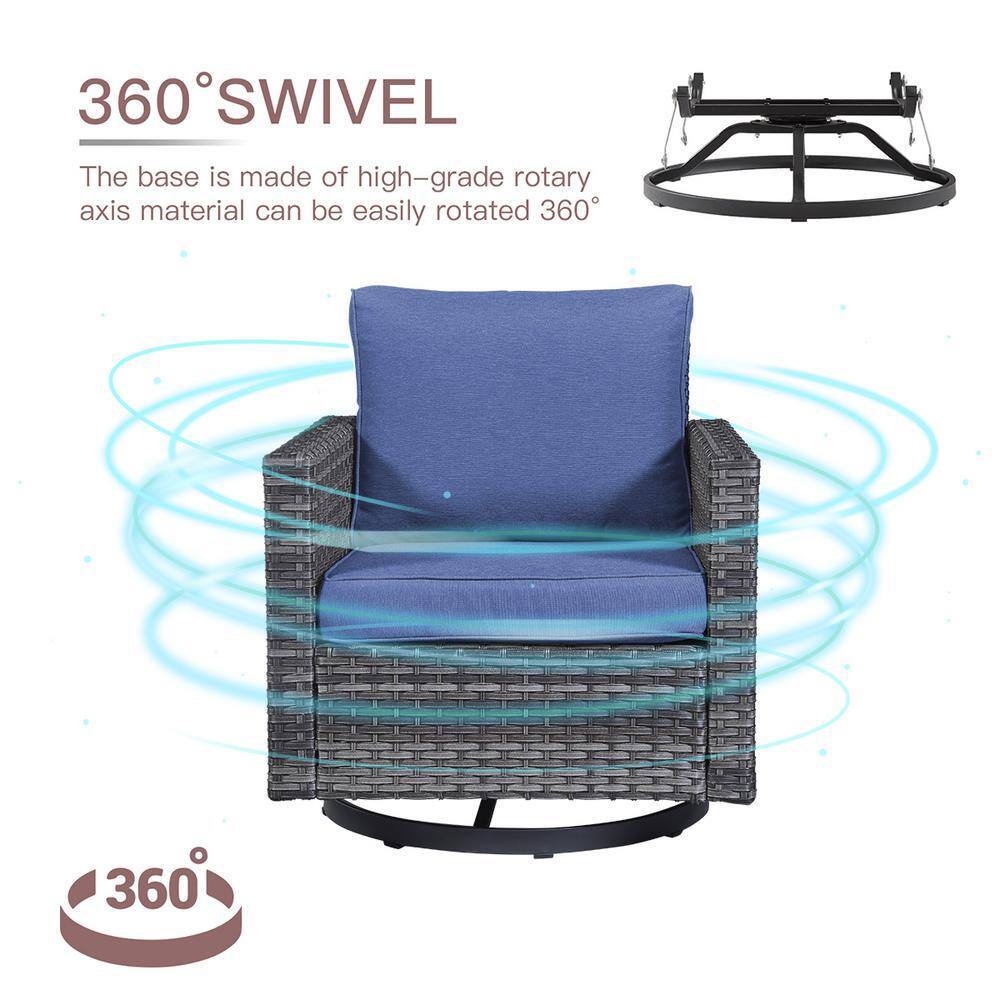 Gray Wicker Outdoor Swivel Rocking Armchairs with Blue Cushions
