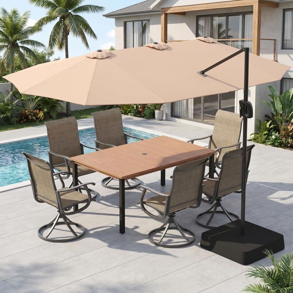 Walnut 8-Piece Metal Rectangle Table Patio Outdoor Dining Set with 6 Brown Textilene Swivel Chairs and Beige Umbrella price history on PriceWatchPro