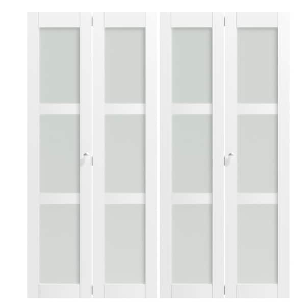 72 in x 80 in (Double 36'' Doors) WhiteThree Frosted Glass Panel Bi-Fold Interior Door MDF and Water-Proof PVC Covering