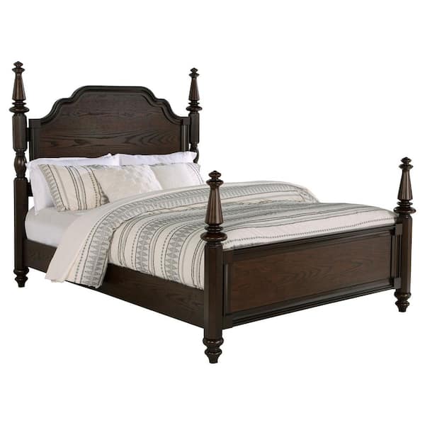 Andover Dark Oak Wood Frame Eastern King Panel Bed with Four Posters