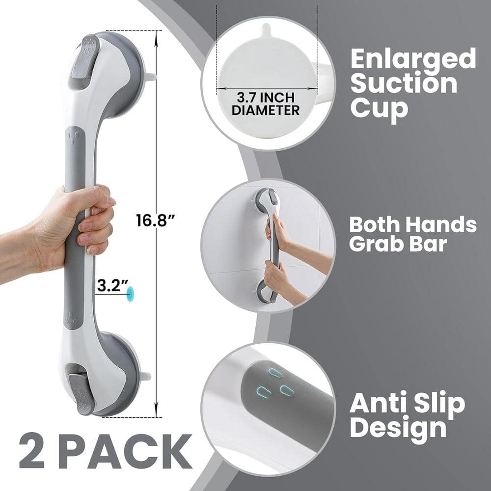 16.8'' Grey Plastic Suction Shower Grab Bars, 2-Pack