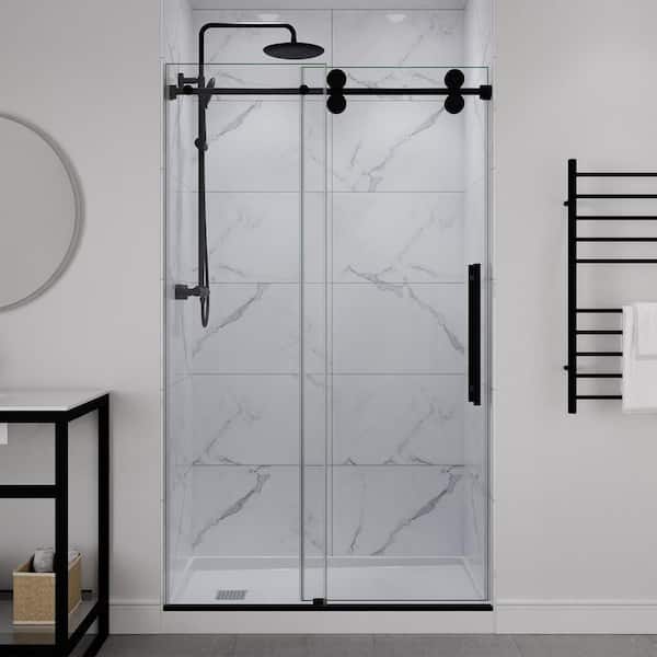 Ozean 44 to 48 in. W x 76 in. H Frameless Sliding Shower Door in Matte Black  with Tsunami Guard Tempered Clear Glass
