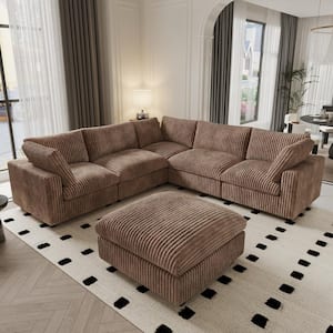 197 in. W Squre Arm Soft Faux Rabbit Fur Velvet Modular Sectional Sofa with Ottoman in. Brown