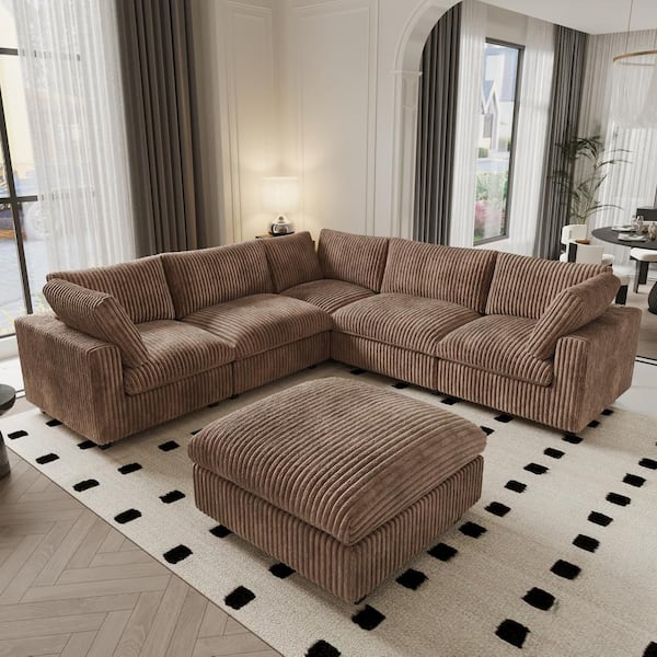 Magic Home Modern 118 in. Square Arm Oversized Deep Seat Velvet 6-Piece L-Shaped Modular Sectional Sofa with Storage Ottoman, Brown