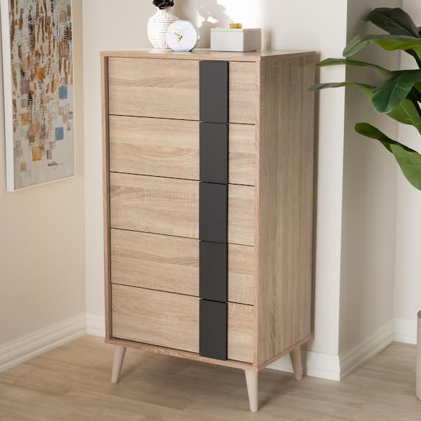 Baxton Studio Lisen 5-Drawer Oak Brown and Dark Grey Chest 148