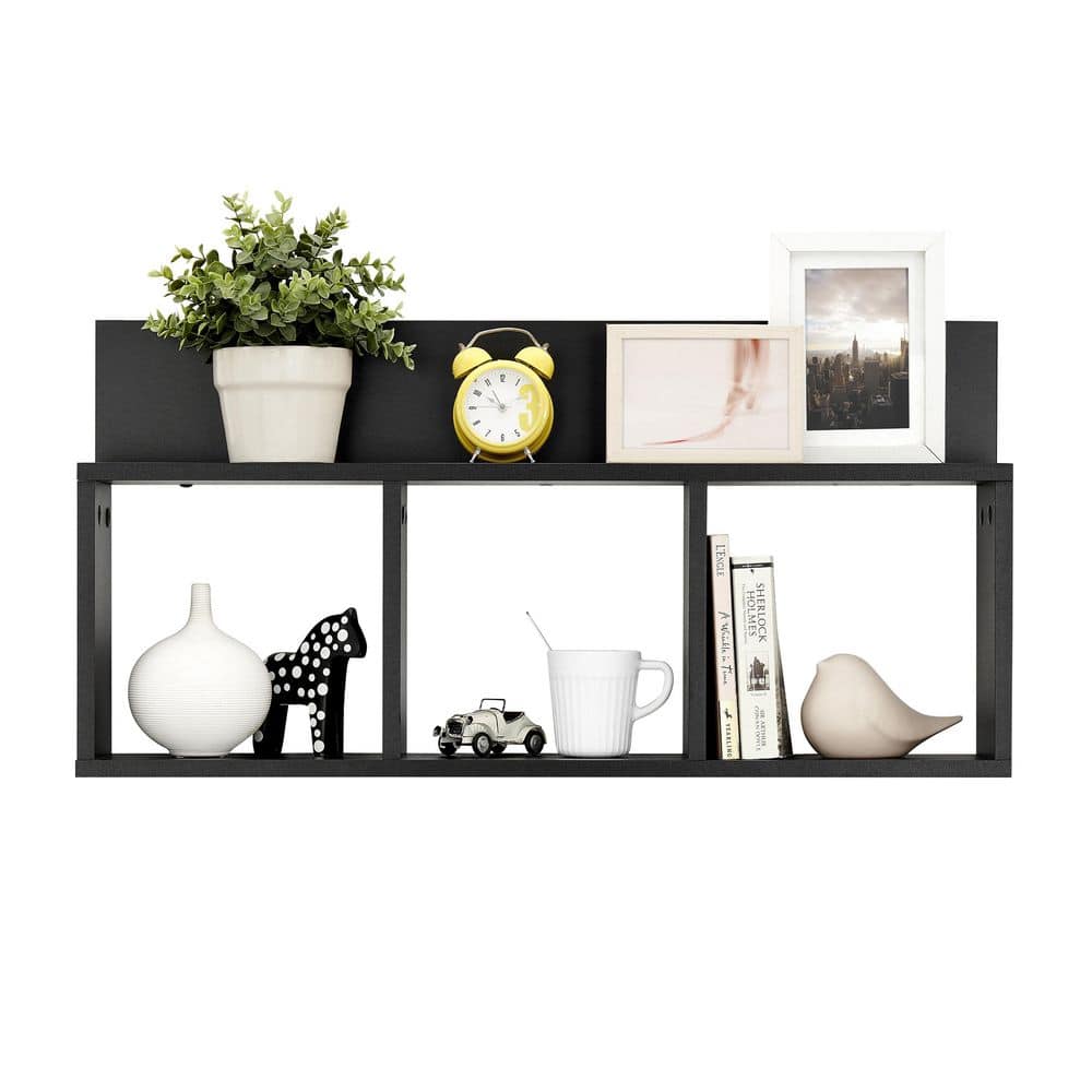 Black MDF 34" Floating Cube Wall Shelf with Display Ledge