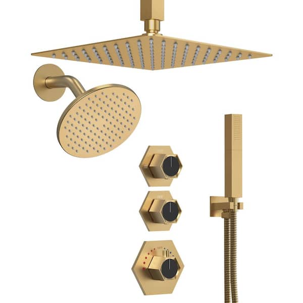 GRANDJOY Module Switch His and Hers 5-Spray Dual Ceiling Mount 12 in. Fixed and Handheld Shower Head 2.5 GPM in Brushed Gold