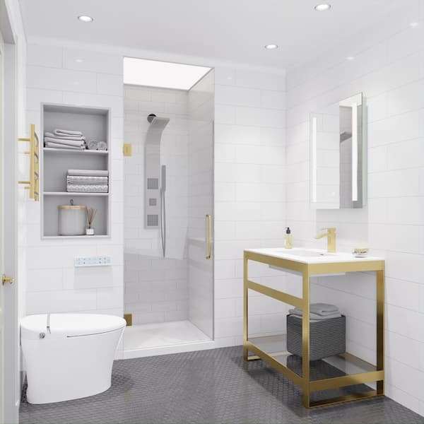 Passion Series 24 in. x 72 in. H Hinged Frameless Shower Door in Brushed Gold with Tsunami Guard Tempered Glass