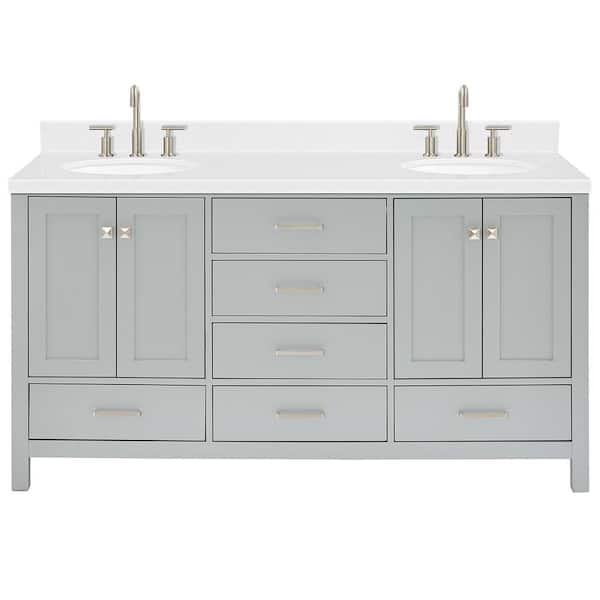 Cambridge 66 in. Double Sink Freestanding Bathroom Vanity in Gray with Carrara White Quartz Top