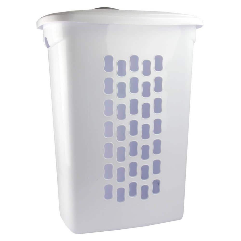 White Plastic Upright Laundry Hamper with Wheels and Lid