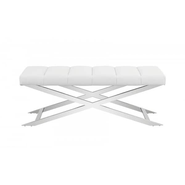 HomeRoots Amelia White 47 in. Faux Leather Bedroom Bench Backless ...