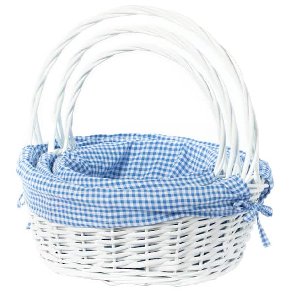 White Round Willow Gift Basket with Blue and White Gingham Liner and  Handles (Set of 3)