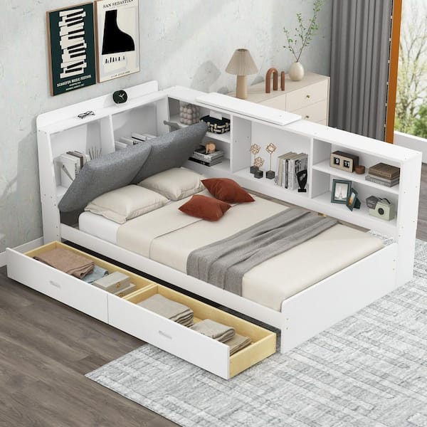 White Wood Frame Twin Size Platform Bed with 2 Drawers, Shelves and Storage Headboard