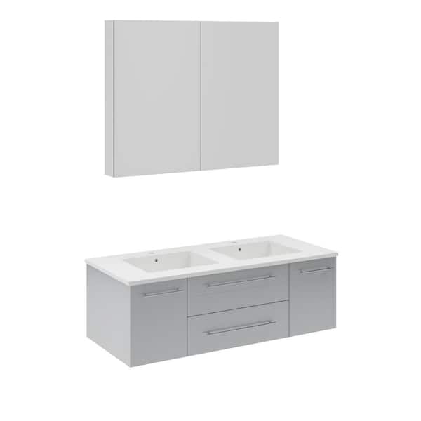 Fresca Lucera 48 in. Double Sink Wall Mount Gray Bath Vanity with White Quartz Top, Undermount Sinks and Medicine Cabinet