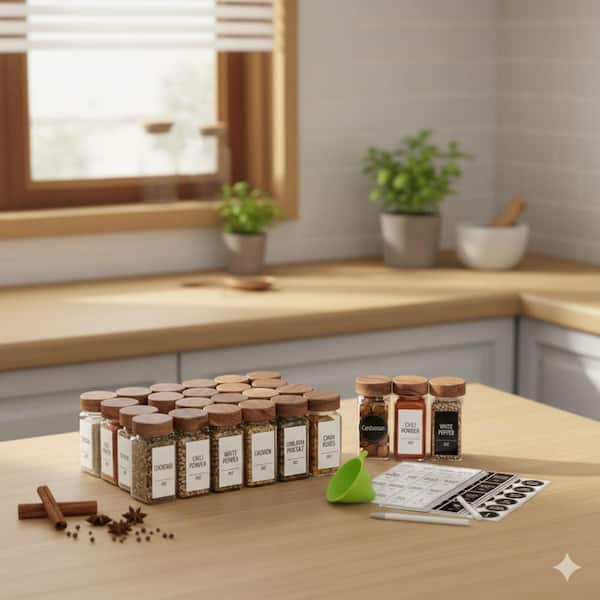 36 Glass Spice Jars Square Acacia Wood Lid Clear Labels Shaker Leakproof Seasoning Container Set for Kitchen Organizer
