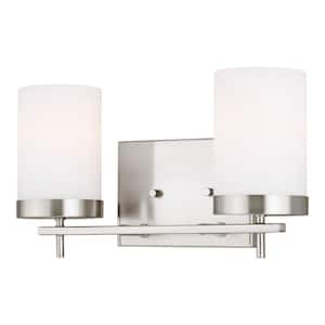 Zire 14 in. W 2-Light Brushed Nickel Bathroom Vanity Light with Etched White Glass Shades