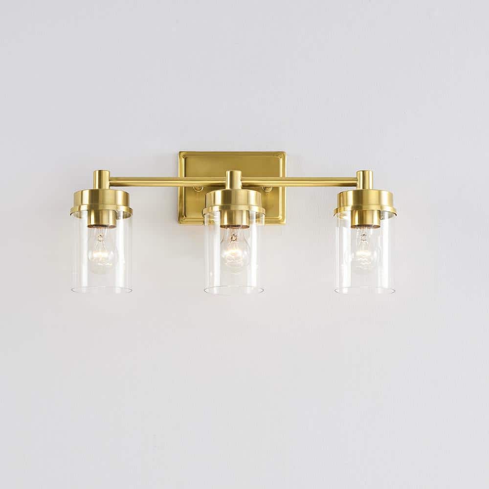 KAWOTI 20.75 in. 3-Light Antique Brass Bathroom Vanity Light with Clear ...
