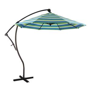 9 ft. Bronze Aluminum Cantilever Patio Umbrella with Crank Open 360 Rotation in Seville Seaside Sunbrella