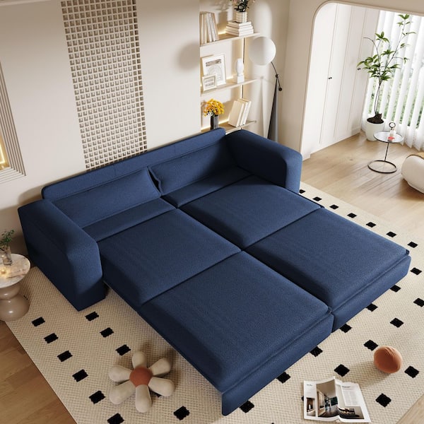 3-in-1 Convertible 93 in. Blue Teddy King Size Pull-out Sofa Bed with 2 Lumbar Pillows