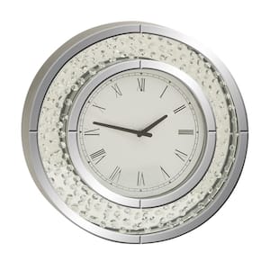 20 in. x 20 in. White Glass Mirrored Wall Clock with Floating Crystals