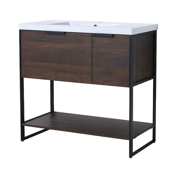 EPOWP 35.4 in. W x 18.1 in. D x 34.3 in. H Bath Vanity in Brown with White Granite Top
