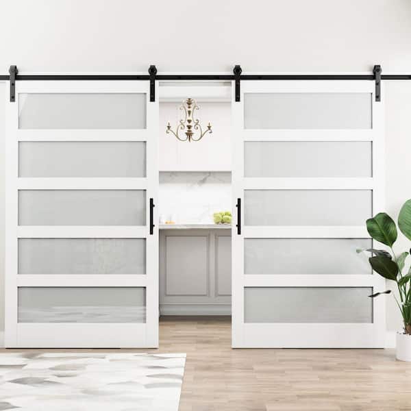 ARK DESIGN 96 in. x 84 in. 5-Lites with Frosted Glass Without Soft Close MDF Sliding Barn Door with Hardware Kit