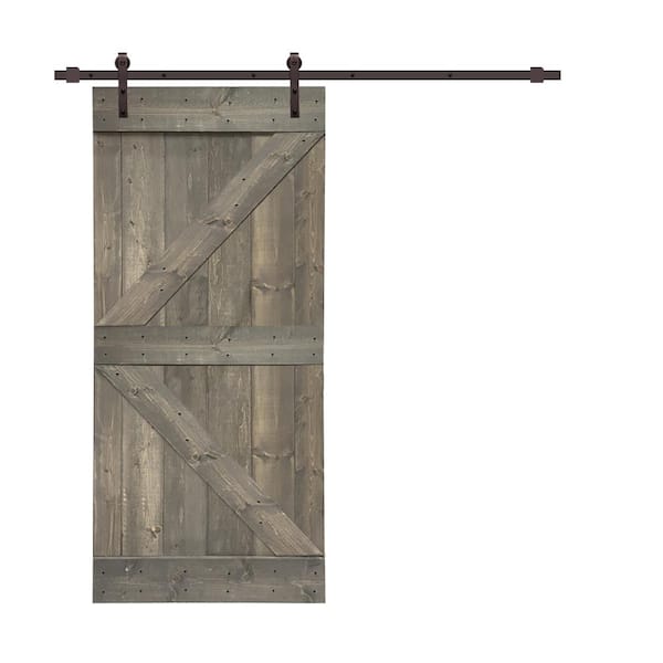 CALHOME K Series 30 in. x 84 in. Solid Weather Gray Stained Knotty Pine Wood Interior Sliding Barn Door with Hardware Kit