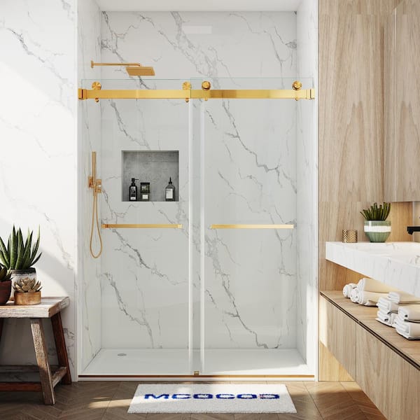 MCOCOD 60 in. W x 76 in. H Double Sliding Frameless Shower Door in Brushed Gold with Smooth Sliding and 3/8 in. (10 mm) Glass