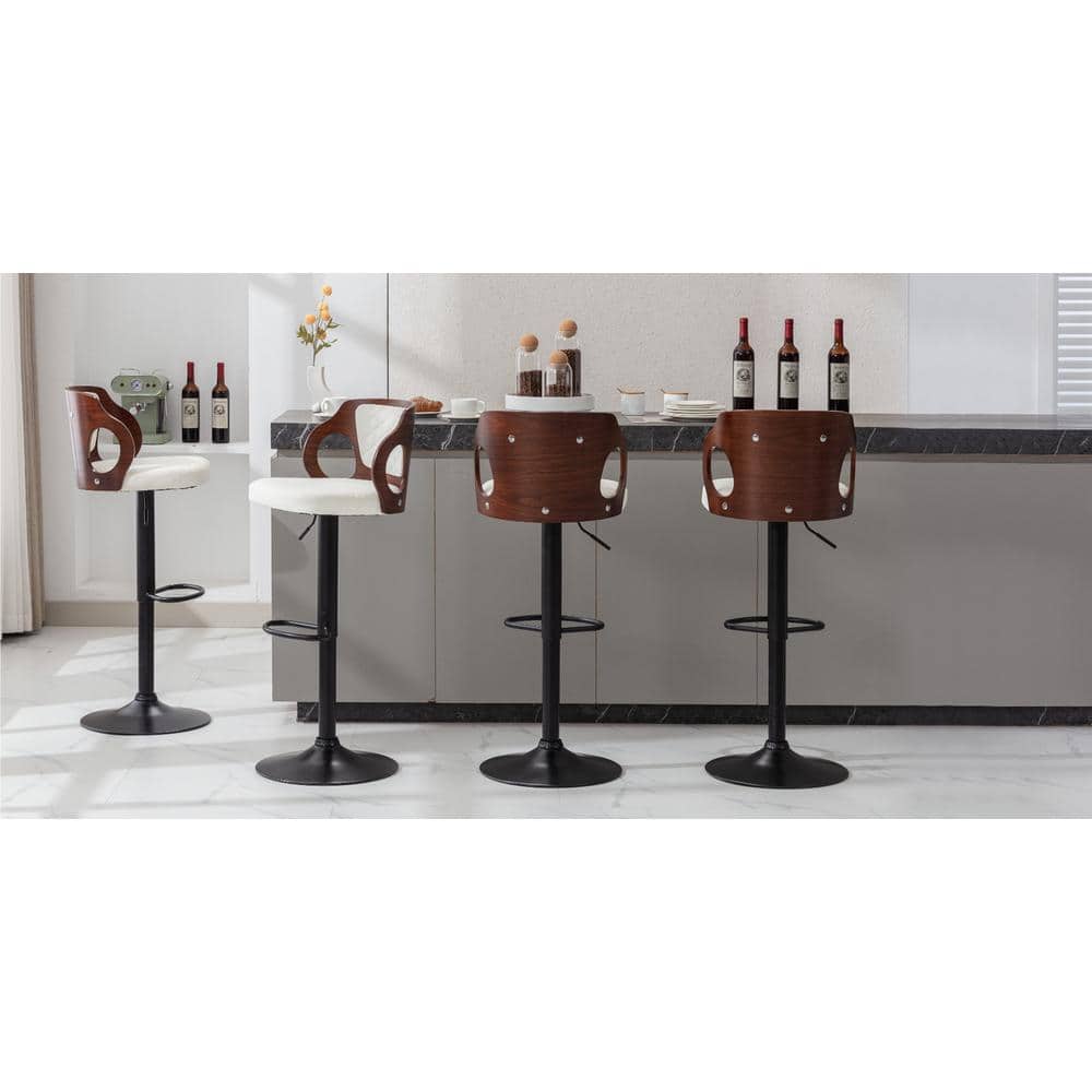 Adjustable White Faux Leather Swivel Bar Stools with Arms