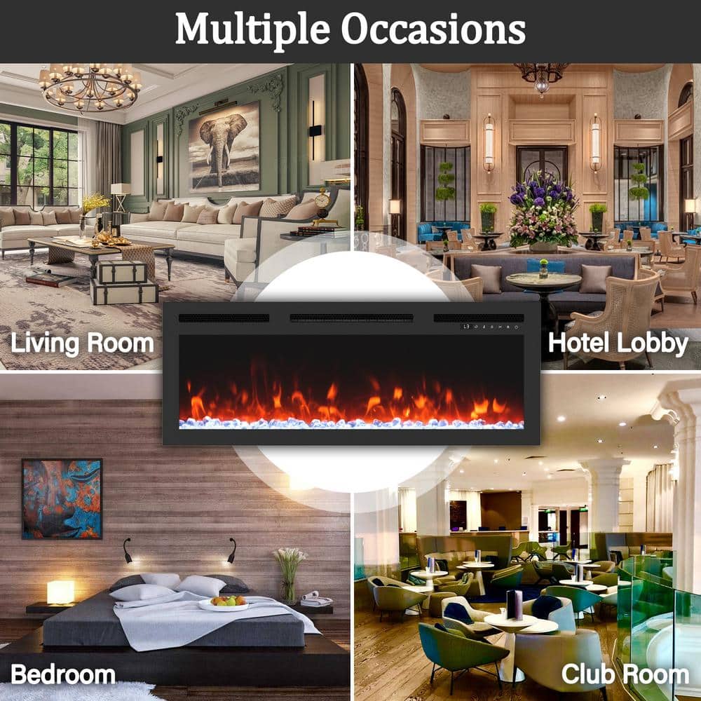 36" Black Glass Wall-Mount Electric Fireplace with Remote Control