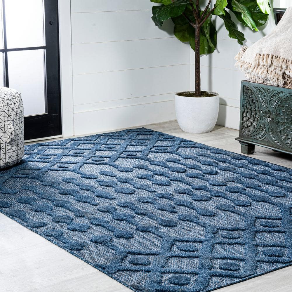 Navy Diamond Geometric Handmade Indoor/Outdoor Synthetic Rug