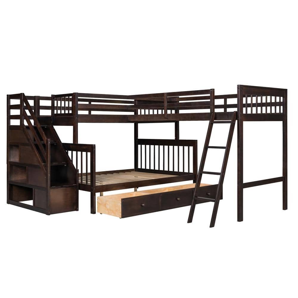Espresso Twin over Full L-Shaped Bunk Bed with 3 Drawers, Ladder and Staircase durable construction price history on PriceWatchPro