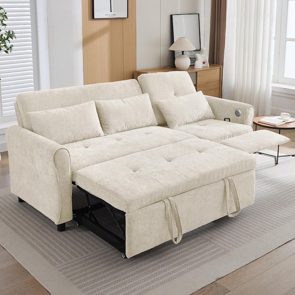 82 in Wide Flared Arm Chenille U-Shaped Sofa in Beige 2-in-1 Convertible Sofa Bed w/Adjustable Backrest & USB Ports