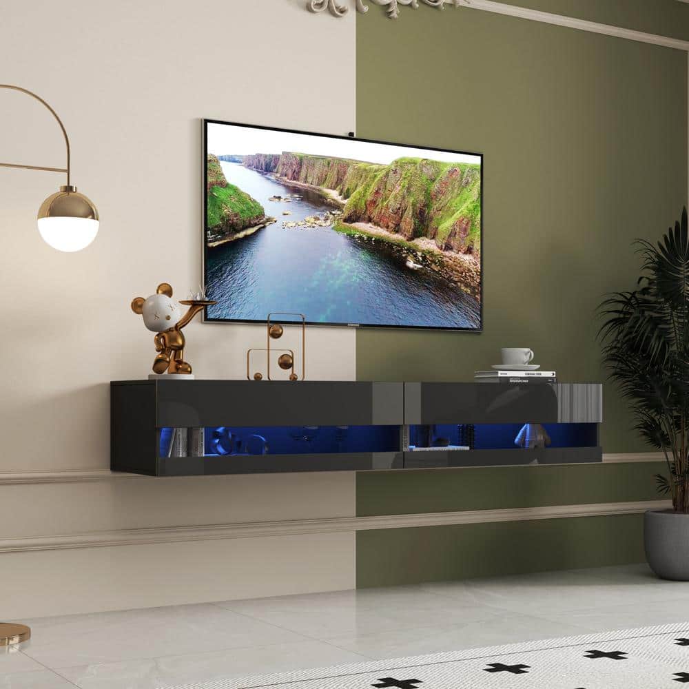 80 in. Black Wall Mounted Floating TV Stand with 20 Colorful LED Lights and