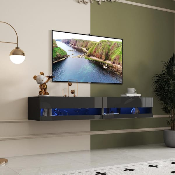 80 in. Black Wall Mounted Floating TV Stand with 20 Colorful LED Lights and Charging Station
