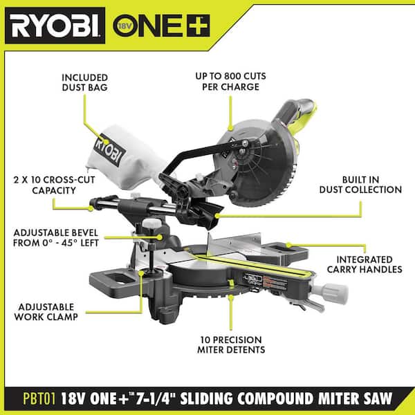 RYOBI PBT01B-A067101 ONE+ 18V Cordless 7-1/4 in. Sliding Compound Miter Saw (Tool Only) with Extra 7-1/4 in. Blade (1-Piece) - 3