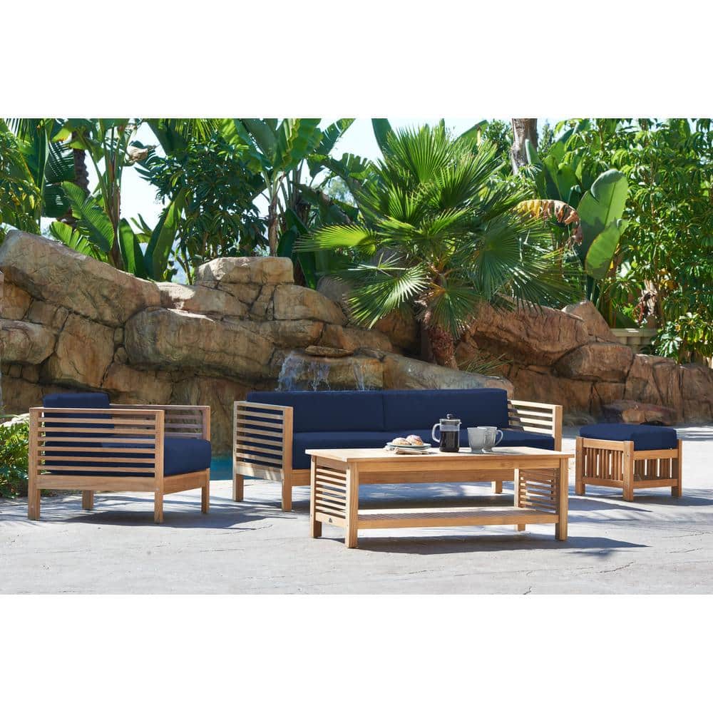 Sylvie 5-Piece Teak Patio Conversation Deep Seating Set with Subrella Navy 
