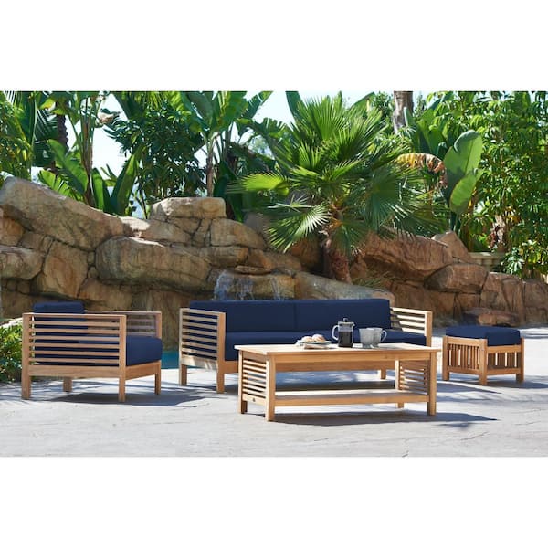 Unbranded Sylvie 5-Piece Teak Patio Conversation Deep Seating Set with Subrella Navy Cushions