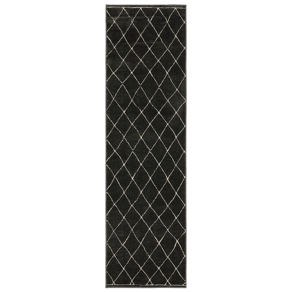 Rayder Black/Ivory 2 ft. x 8 ft.Geometric Diamond Lattice Polypropylene/Polyester Indoor Runner Area Rug