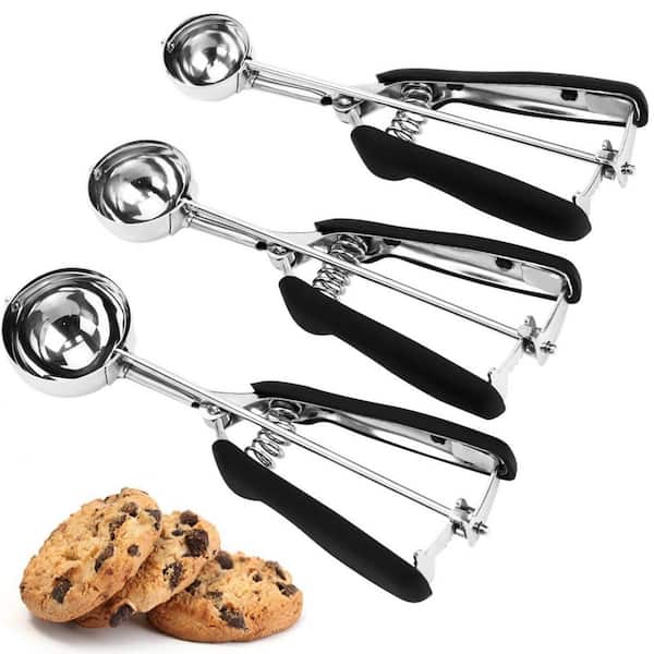 3-Piece 18/8 Stainless Steel Silver Cookie Scoop Set with Trigger Release and Non-Slip Rubber Handle, Ice Cream Scooper