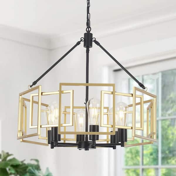 6-Light Black and Gold Transitional Geometric Chandelier Light Fixture for Kitchen Island