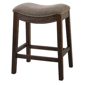 Julia 20 in. Taupe and Brown Backless Wood Counter Stool with Fabric and Nail Head Trim Seat