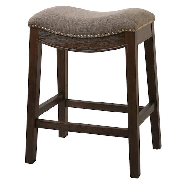 HomeRoots Julia 20 in. Taupe and Brown Backless Wood Counter Stool with Fabric and Nail Head Trim Seat