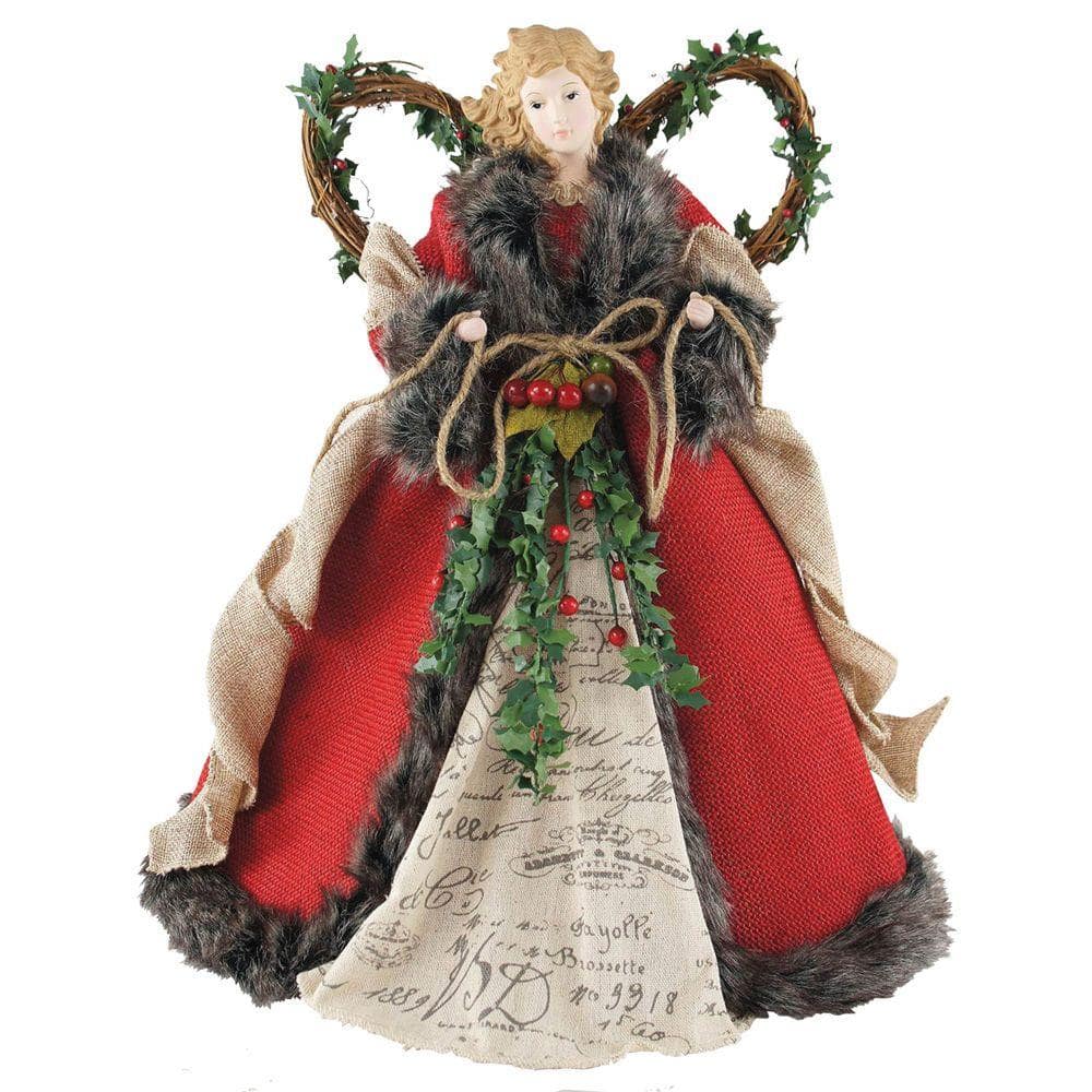 Santa's 16 in. Angel Tree Topper Red Homespun with Garland